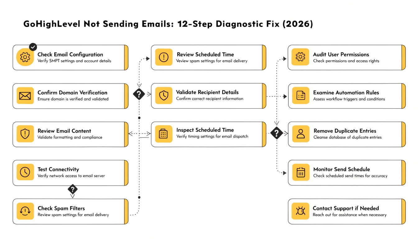 GoHighLevel Not Sending Emails: 12-Step Diagnostic Fix (2026)
